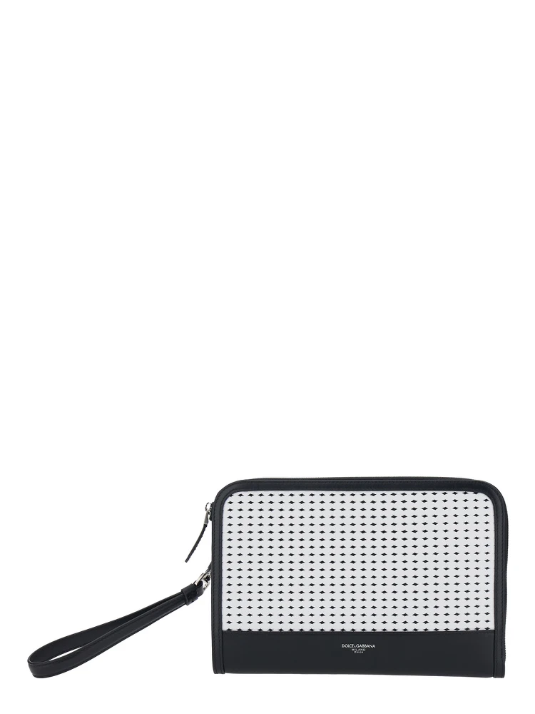 Black Clutch with Removable Wrist Strap and Intreccio on the Front In Leather for Men