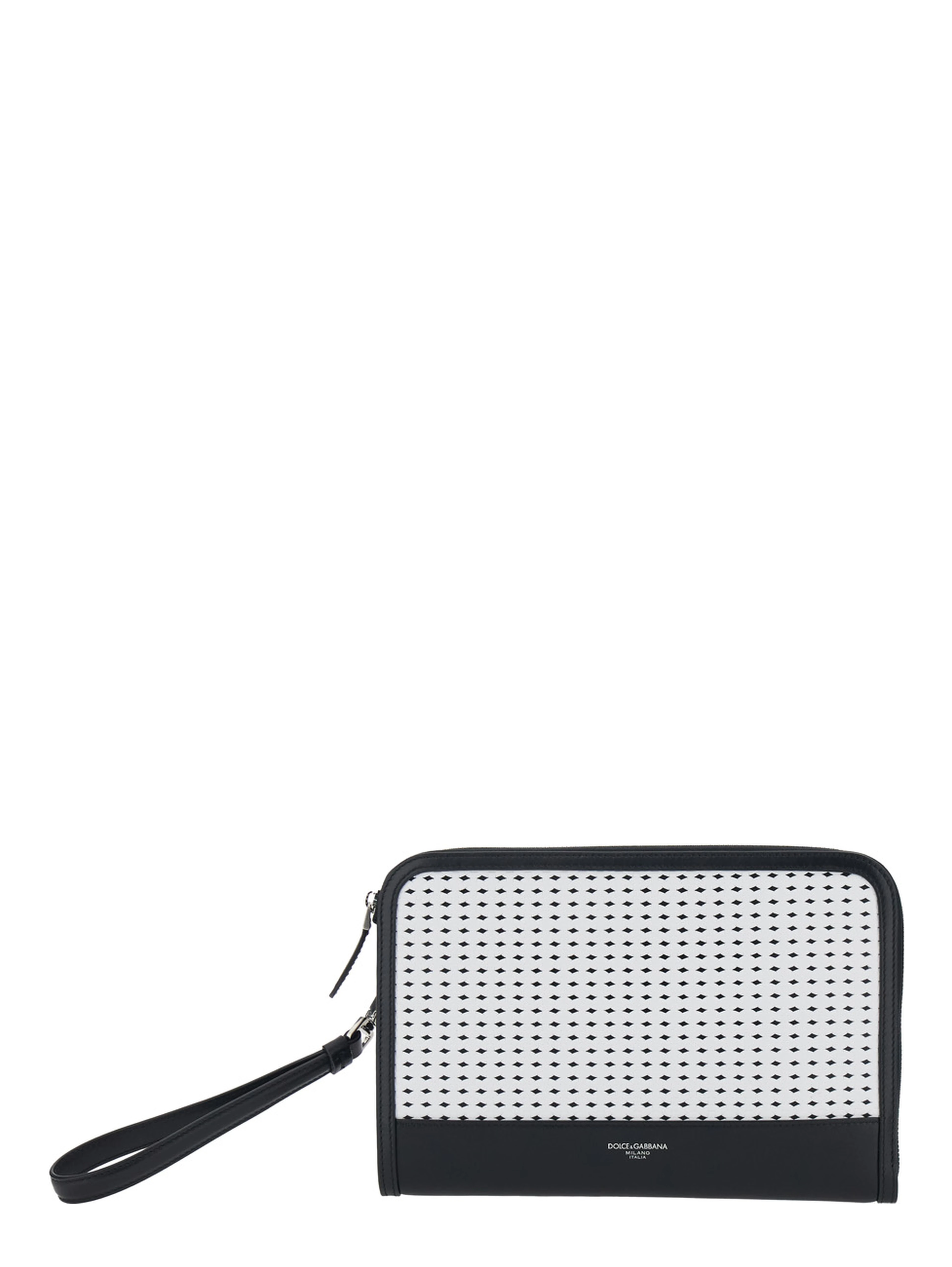 Black Clutch with Removable Wrist Strap and Intreccio on the Front In Leather for Men