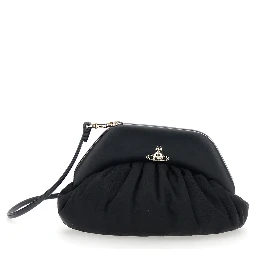 Clutch Brooke with Adjustable and Removable Shoulder Strap and Orb Plaque on the Front in Black Leather for Women