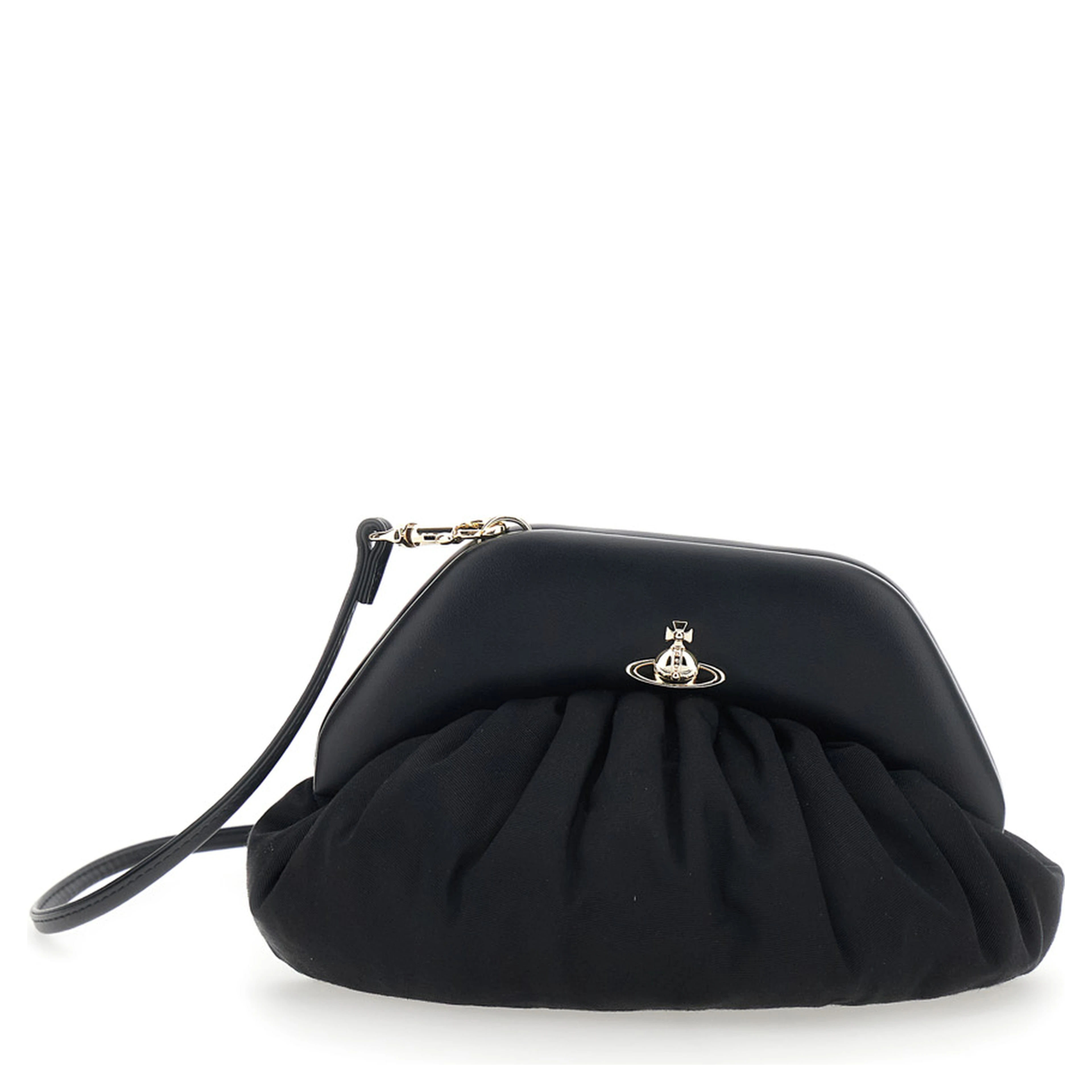 Clutch Brooke with Adjustable and Removable Shoulder Strap and Orb Plaque on the Front in Black Leather for Women