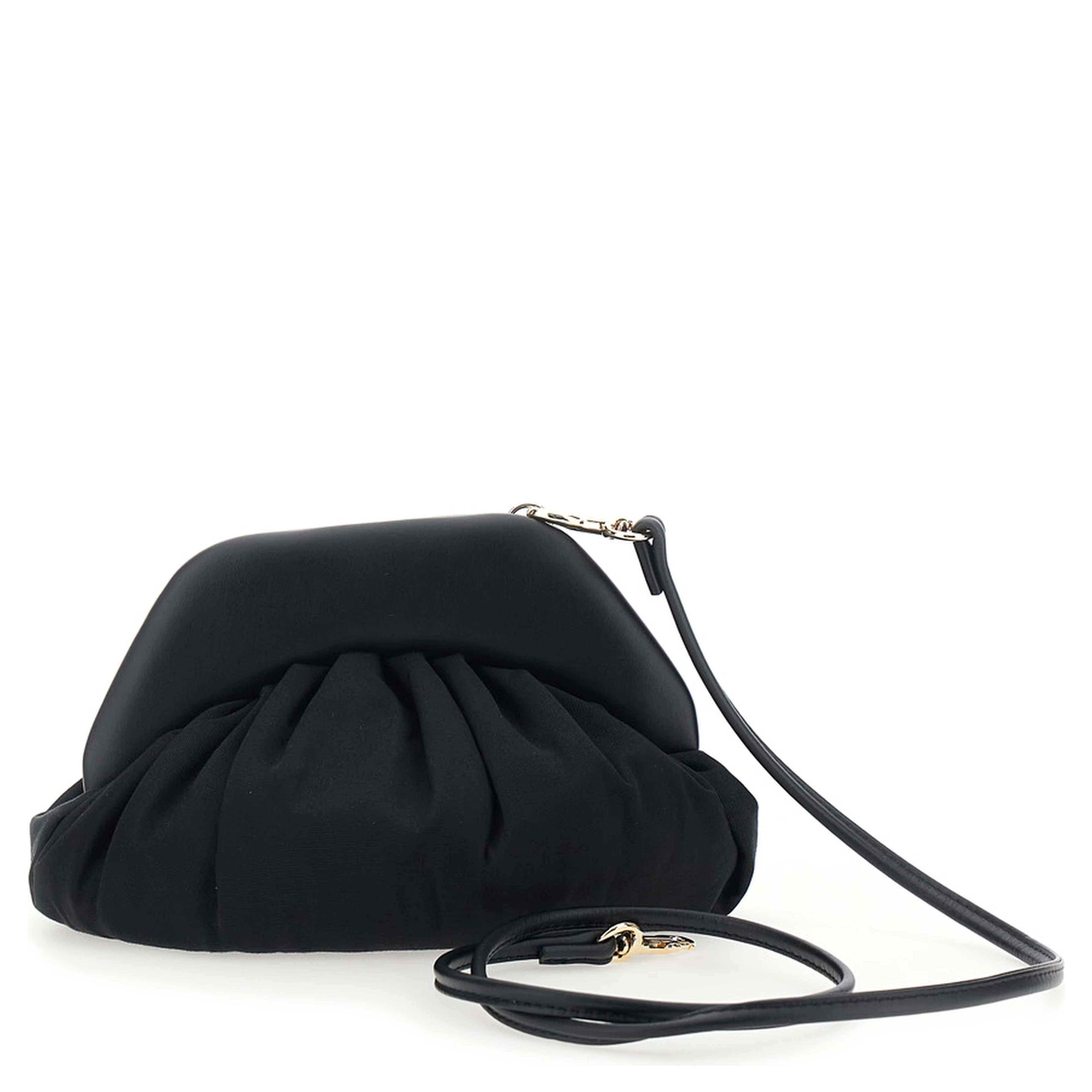Clutch Brooke with Adjustable and Removable Shoulder Strap and Orb Plaque on the Front in Black Leather for Women