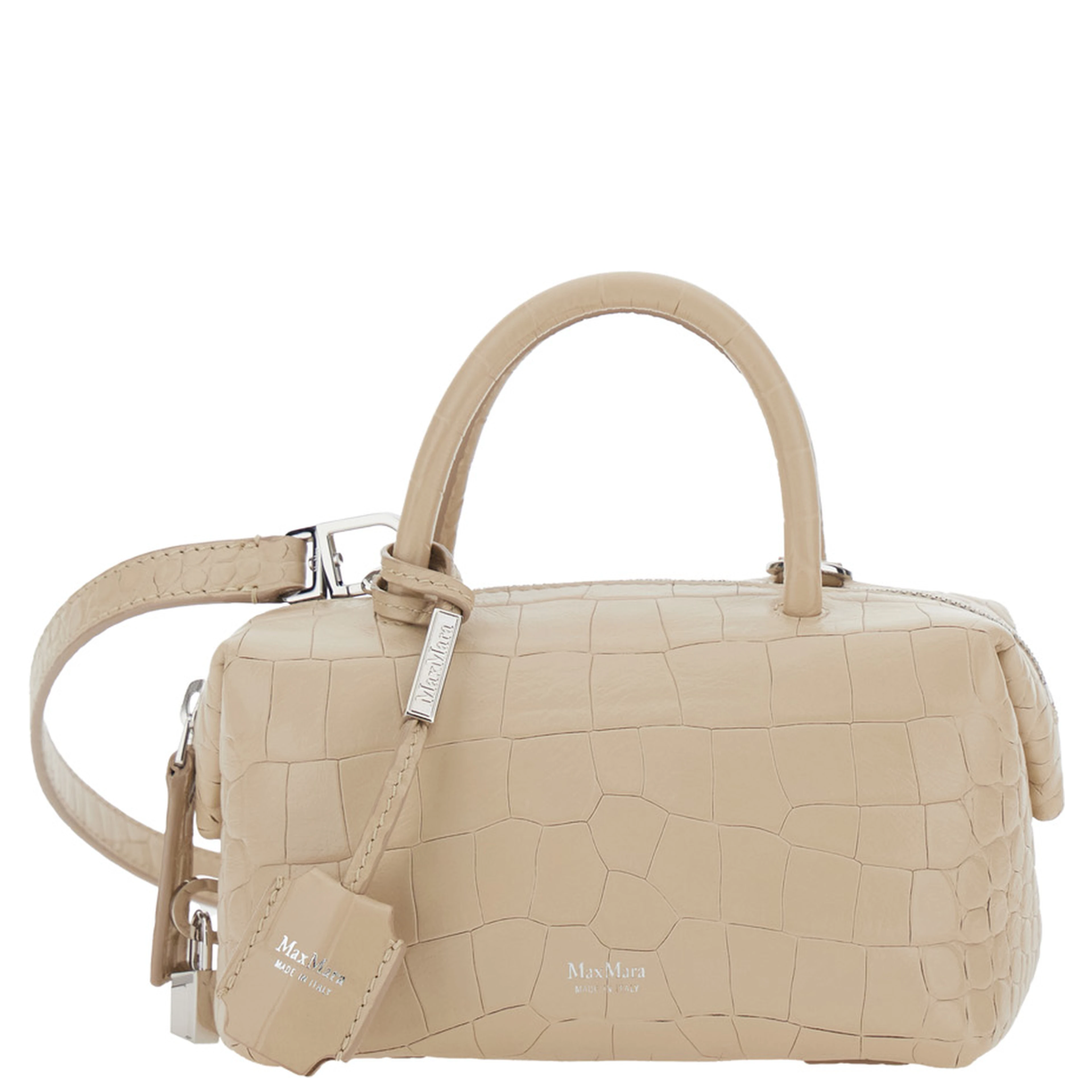 Beige Holdall Small Handbag with Adjustable and Removable Shoulder Strap and Crocodile-Embossed Effect in Leather for Women