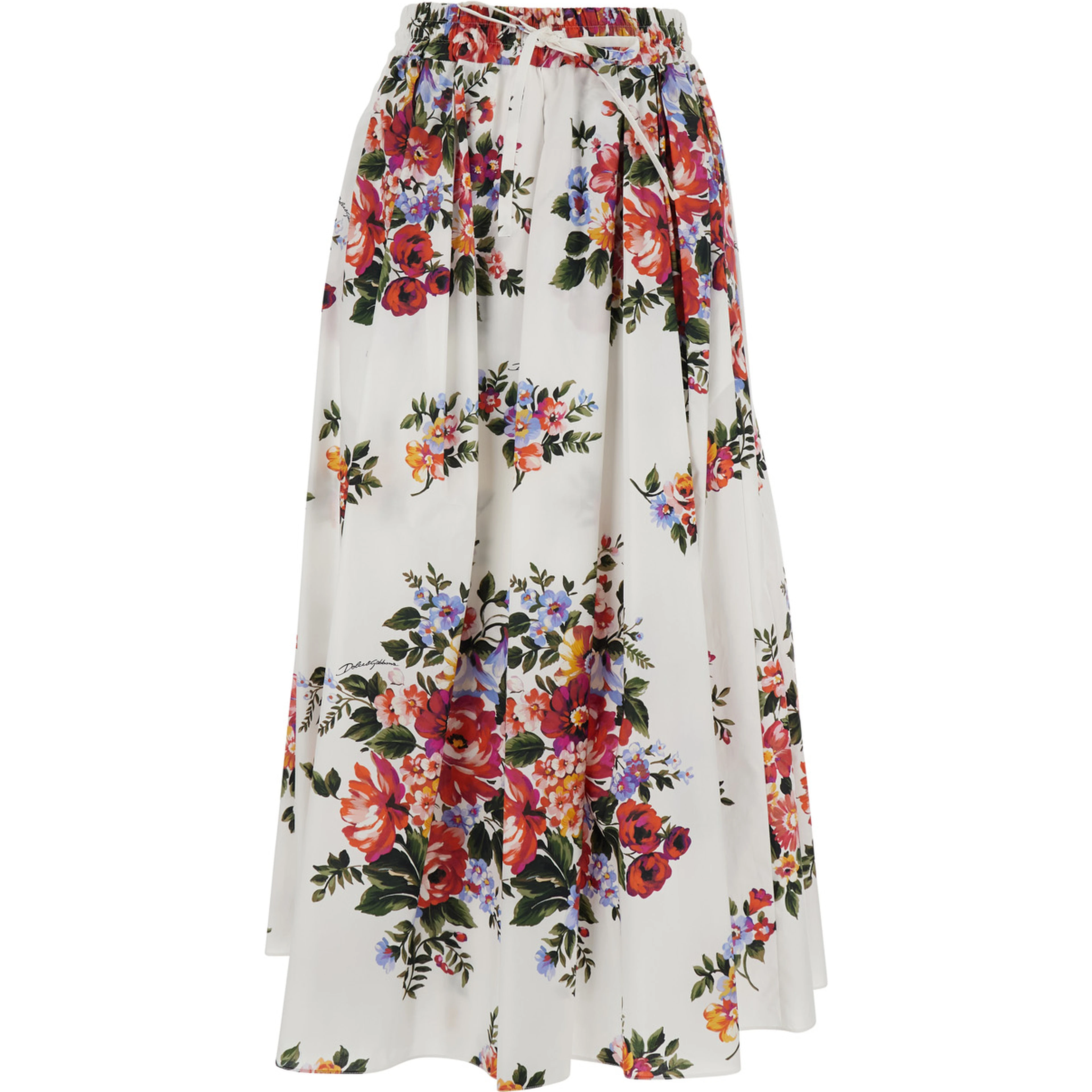 White Long Skirt with Floral Print and Elastic Waist in  Cotton for Women