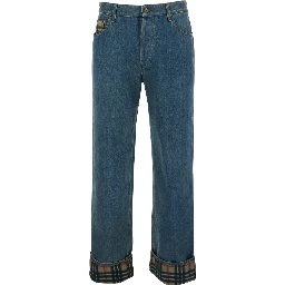 Dexter Blue Jeans with Stonewash Effect and Check Motif Hem in Denim for Men