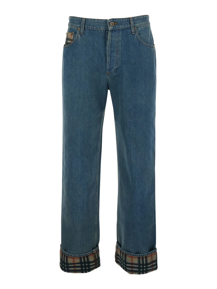 Dexter Blue Jeans with Stonewash Effect and Check Motif Hem in Denim for Men