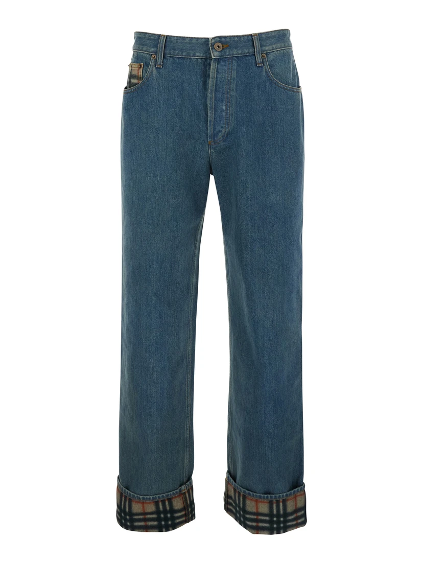 Dexter Blue Jeans with Stonewash Effect and Check Motif Hem in Denim for Men