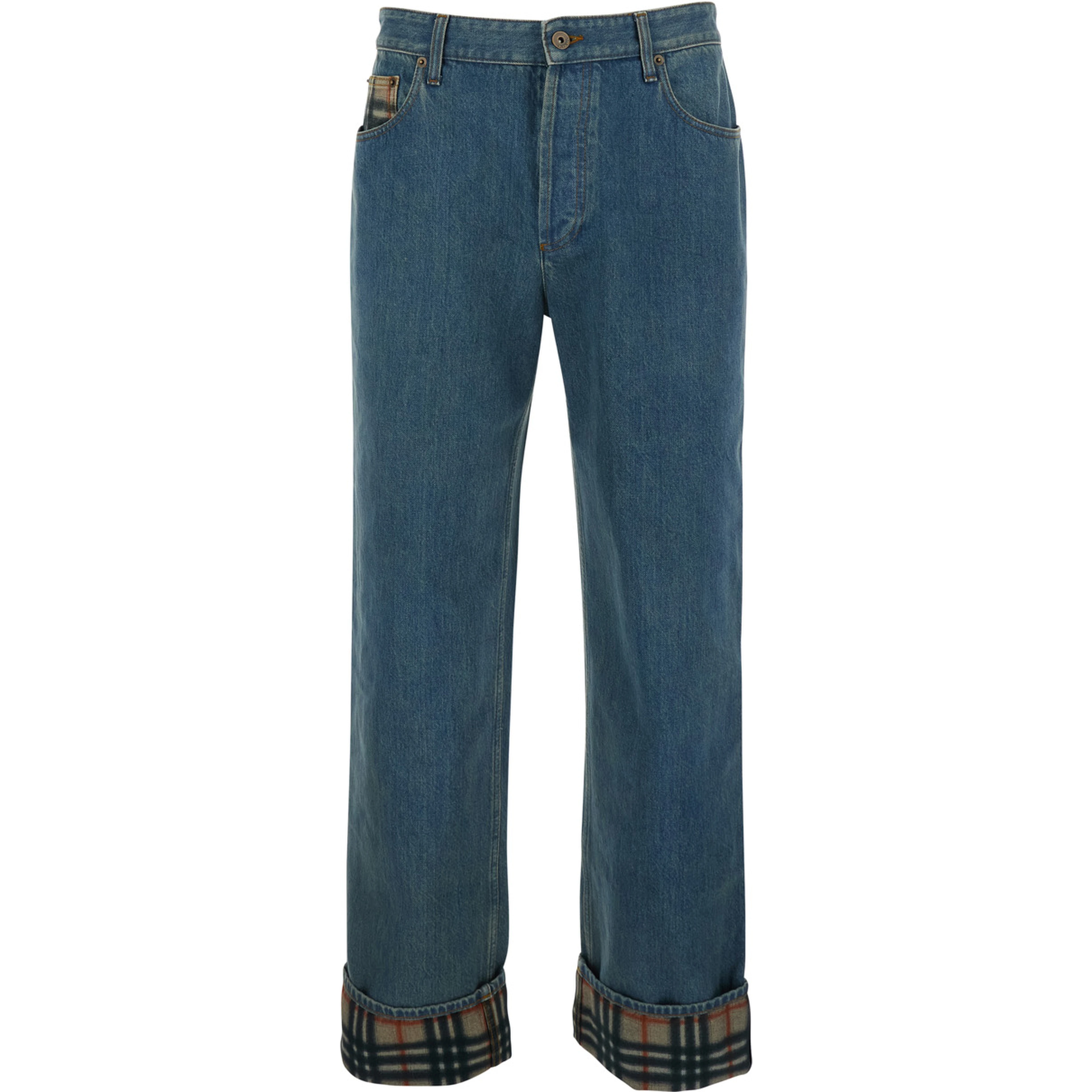 Dexter Blue Jeans with Stonewash Effect and Check Motif Hem in Denim for Men