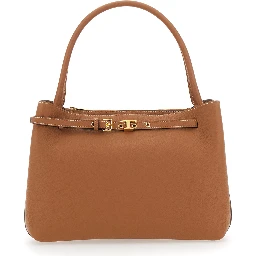 T-String Brown Handbag with Adjustable and Removable Shoulder Strap and Buckled Belt Detail on the Front in Grained Leather Woman