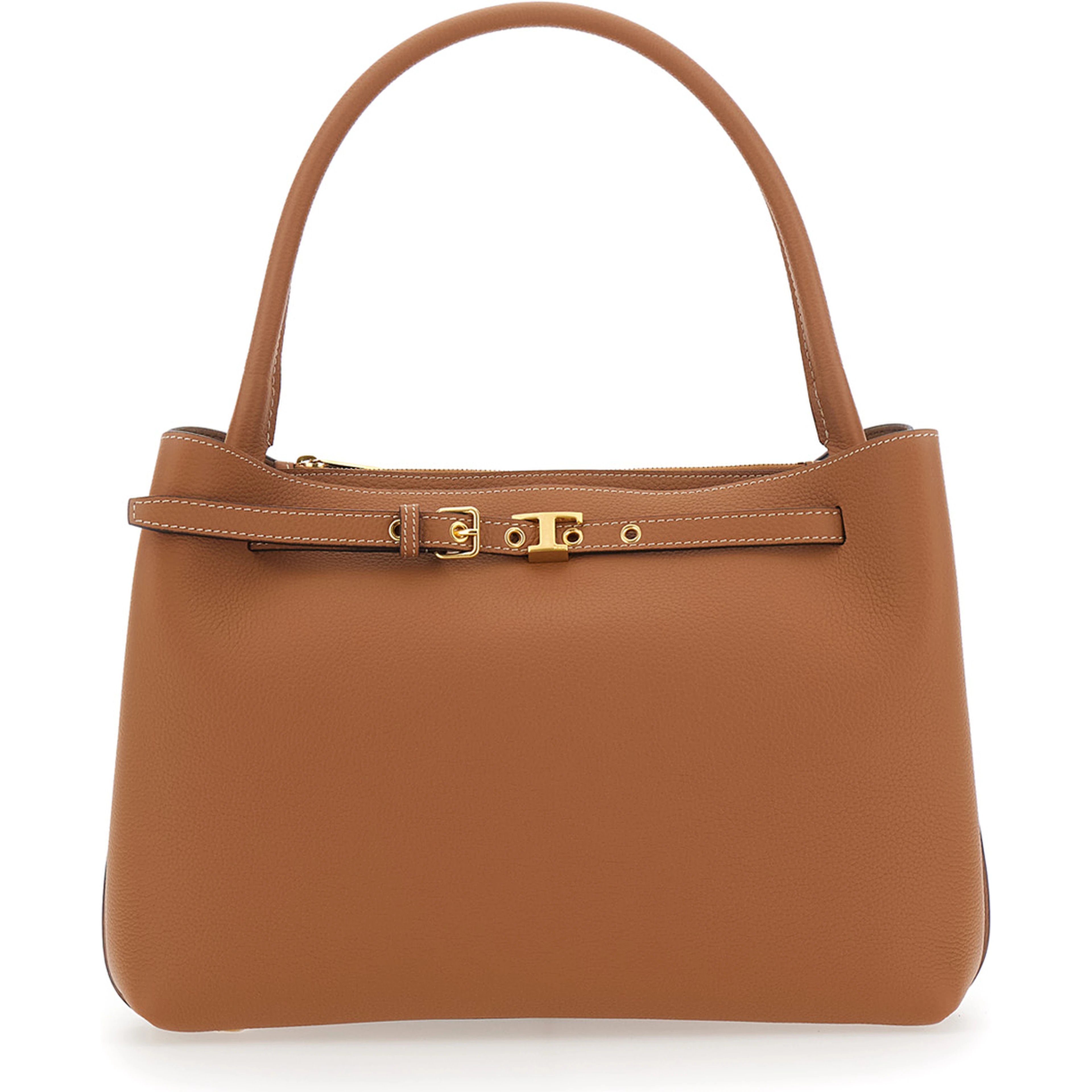 T-String Brown Handbag with Adjustable and Removable Shoulder Strap and Buckled Belt Detail on the Front in Grained Leather Woman