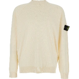 White Crew Neck Sweater with logo patch on the sleeve in cotton for men