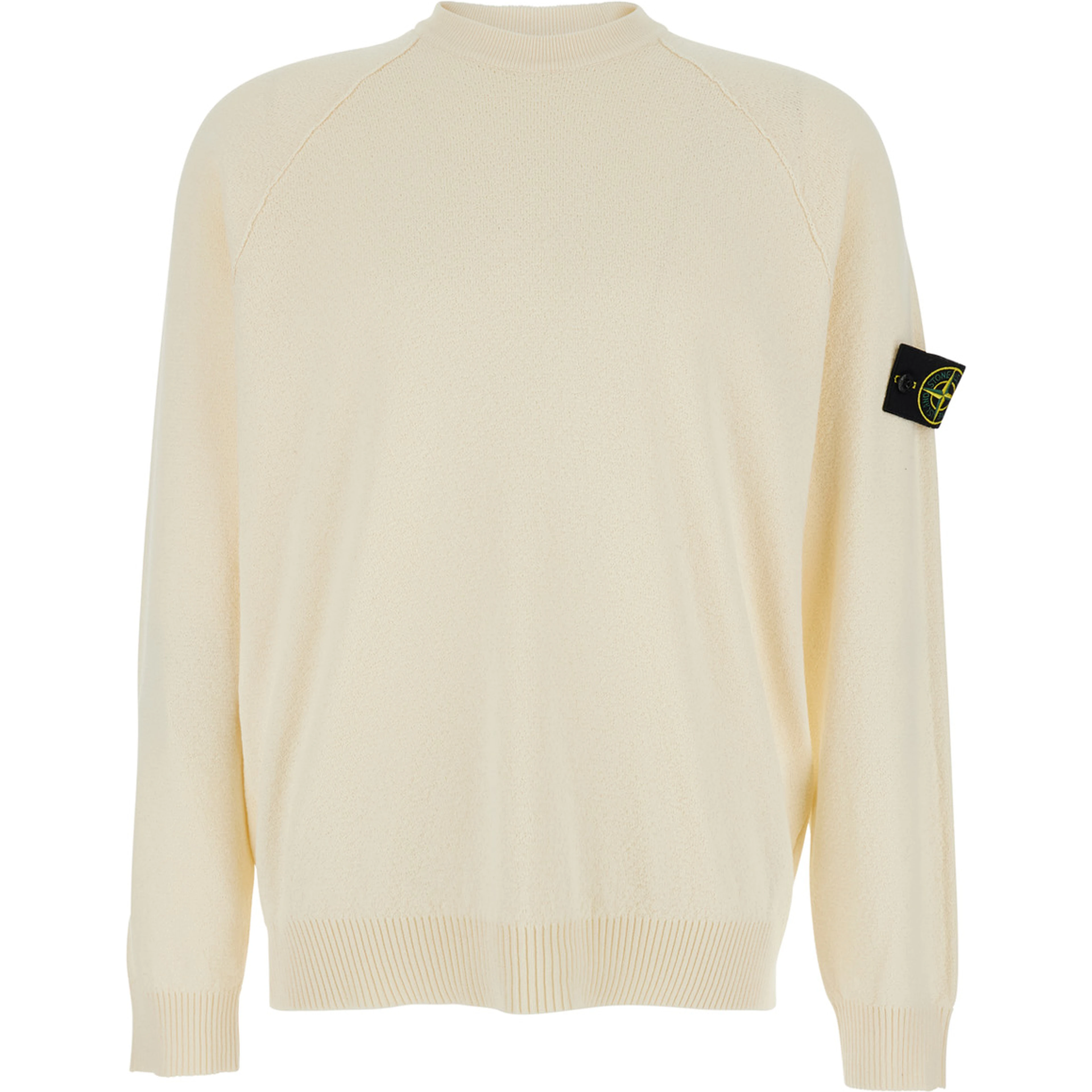 White Crew Neck Sweater with logo patch on the sleeve in cotton for men
