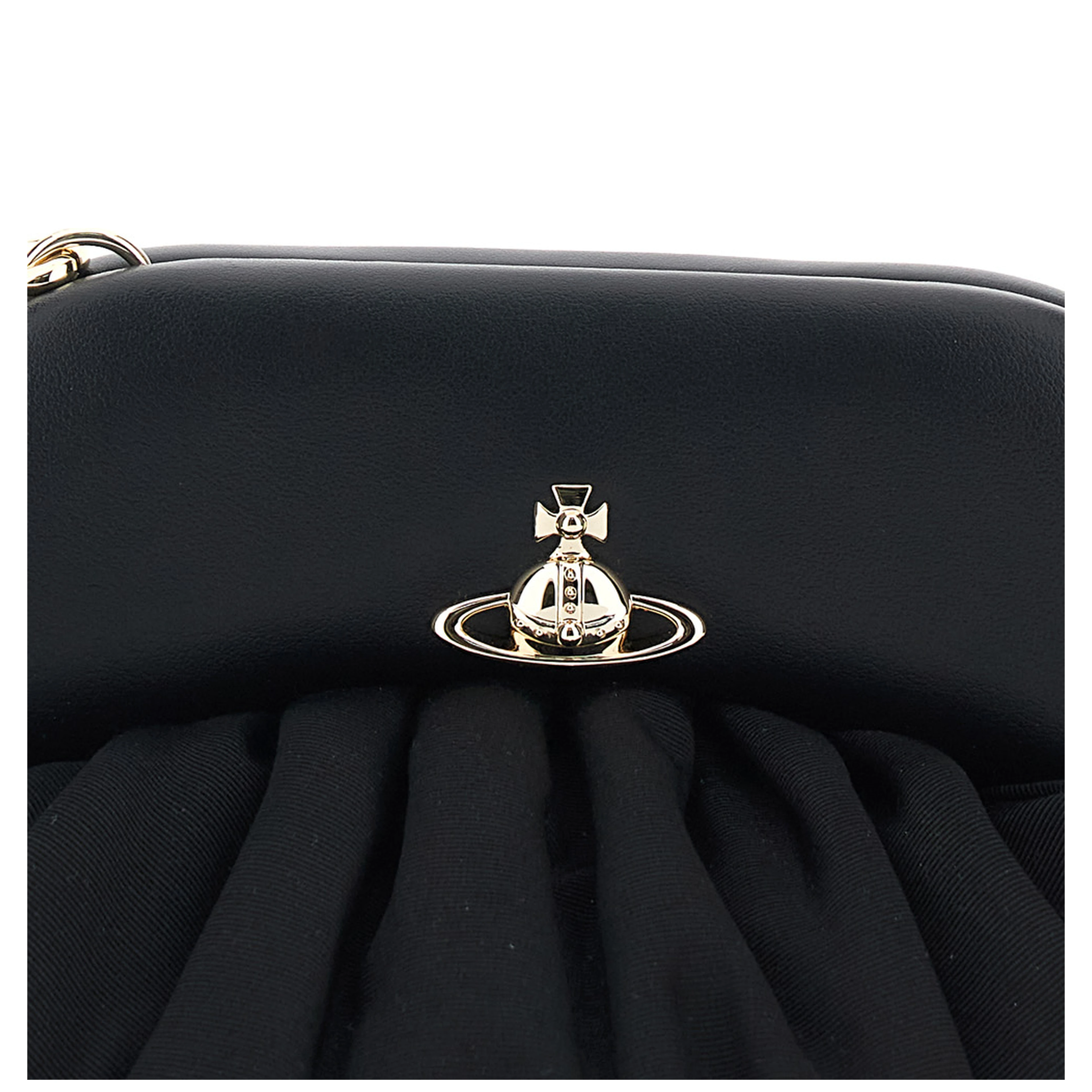 Clutch Brooke with Adjustable and Removable Shoulder Strap and Orb Plaque on the Front in Black Leather for Women