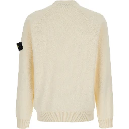 White Crew Neck Sweater with logo patch on the sleeve in cotton for men