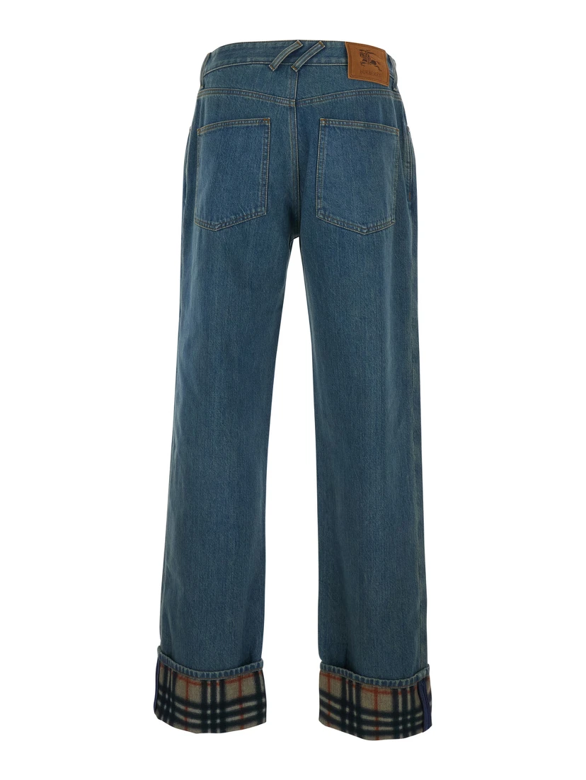 Dexter Blue Jeans with Stonewash Effect and Check Motif Hem in Denim for Men