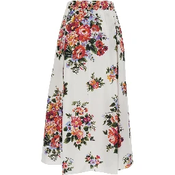 White Long Skirt with Floral Print and Elastic Waist in  Cotton for Women
