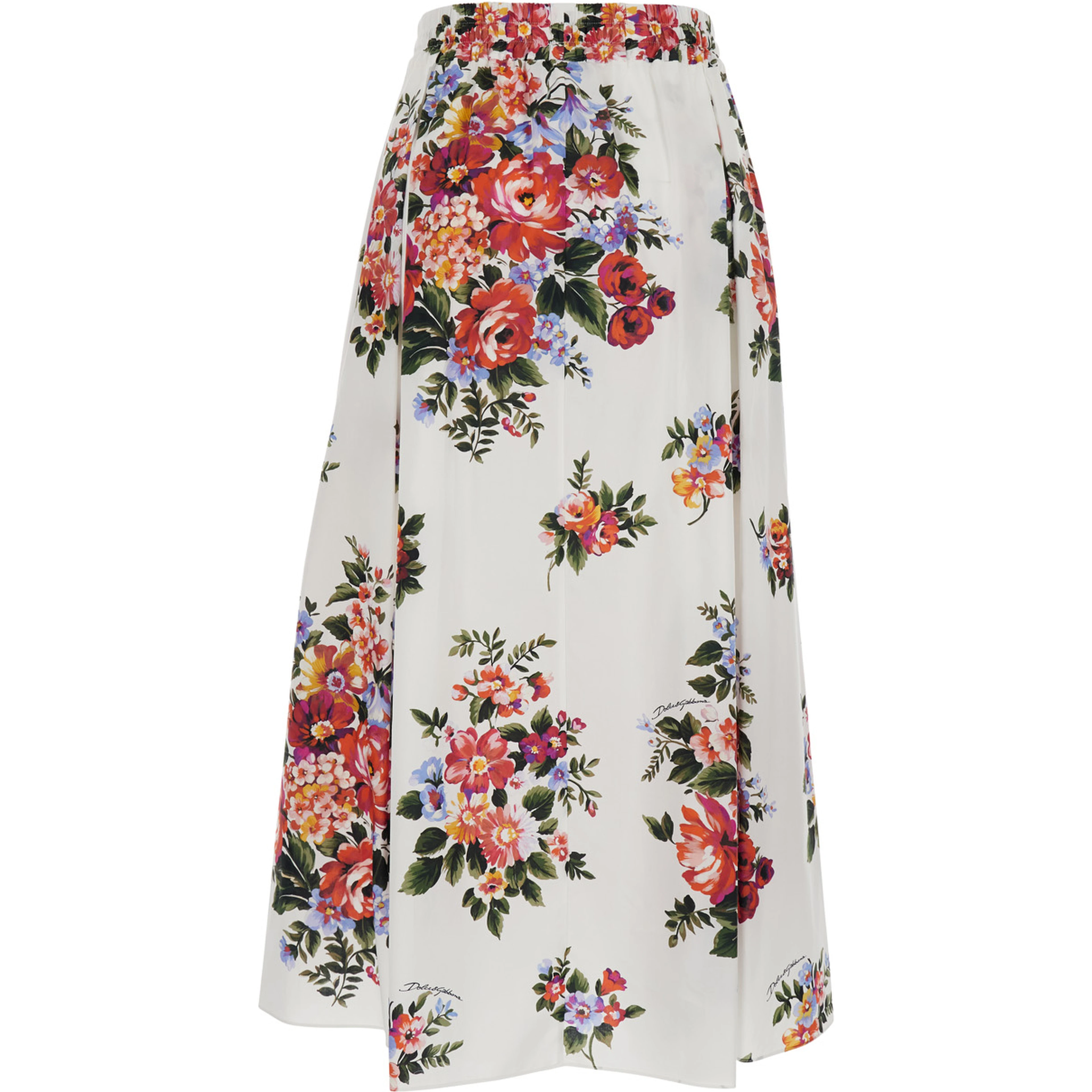 White Long Skirt with Floral Print and Elastic Waist in  Cotton for Women