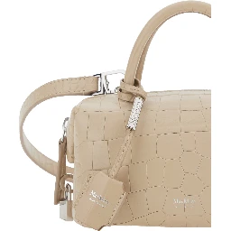 Beige Holdall Small Handbag with Adjustable and Removable Shoulder Strap and Crocodile-Embossed Effect in Leather for Women