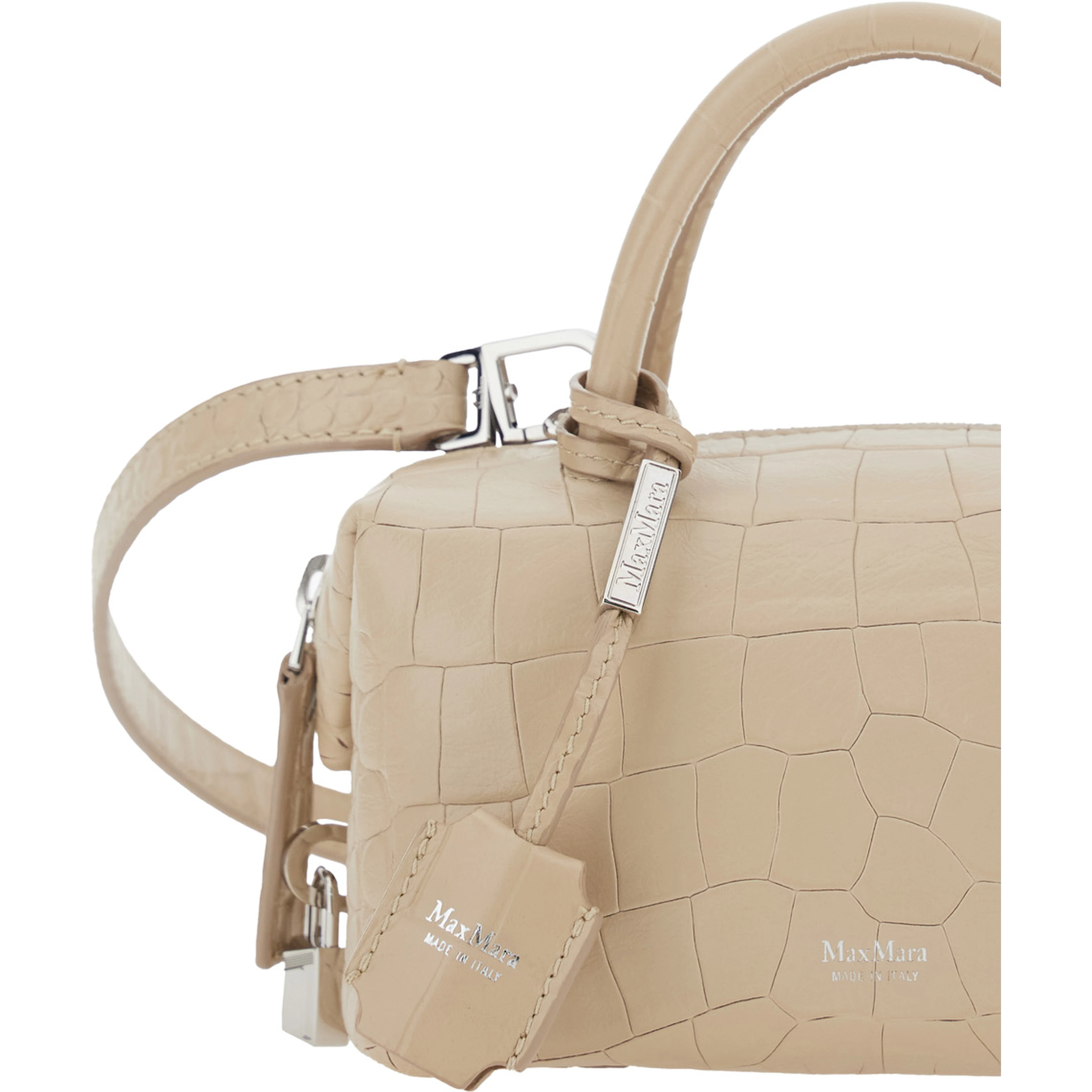 Beige Holdall Small Handbag with Adjustable and Removable Shoulder Strap and Crocodile-Embossed Effect in Leather for Women