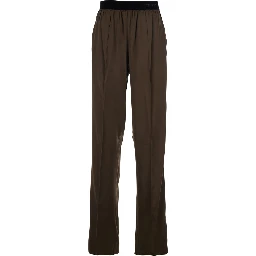 Brown Pants with Elastic Waist and logo lettering in Stretch Silk for Women