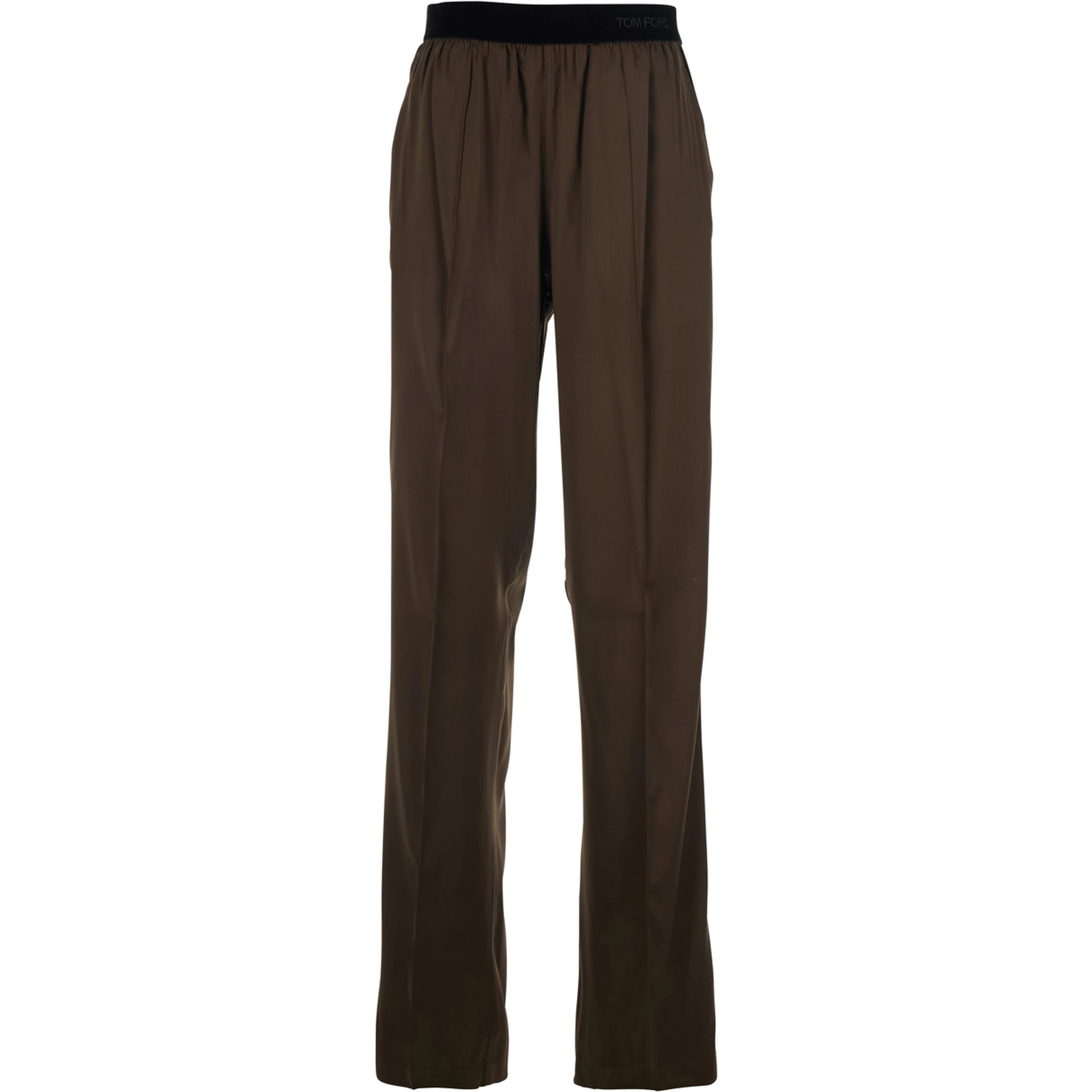Brown Pants with Elastic Waist and logo lettering in Stretch Silk for Women