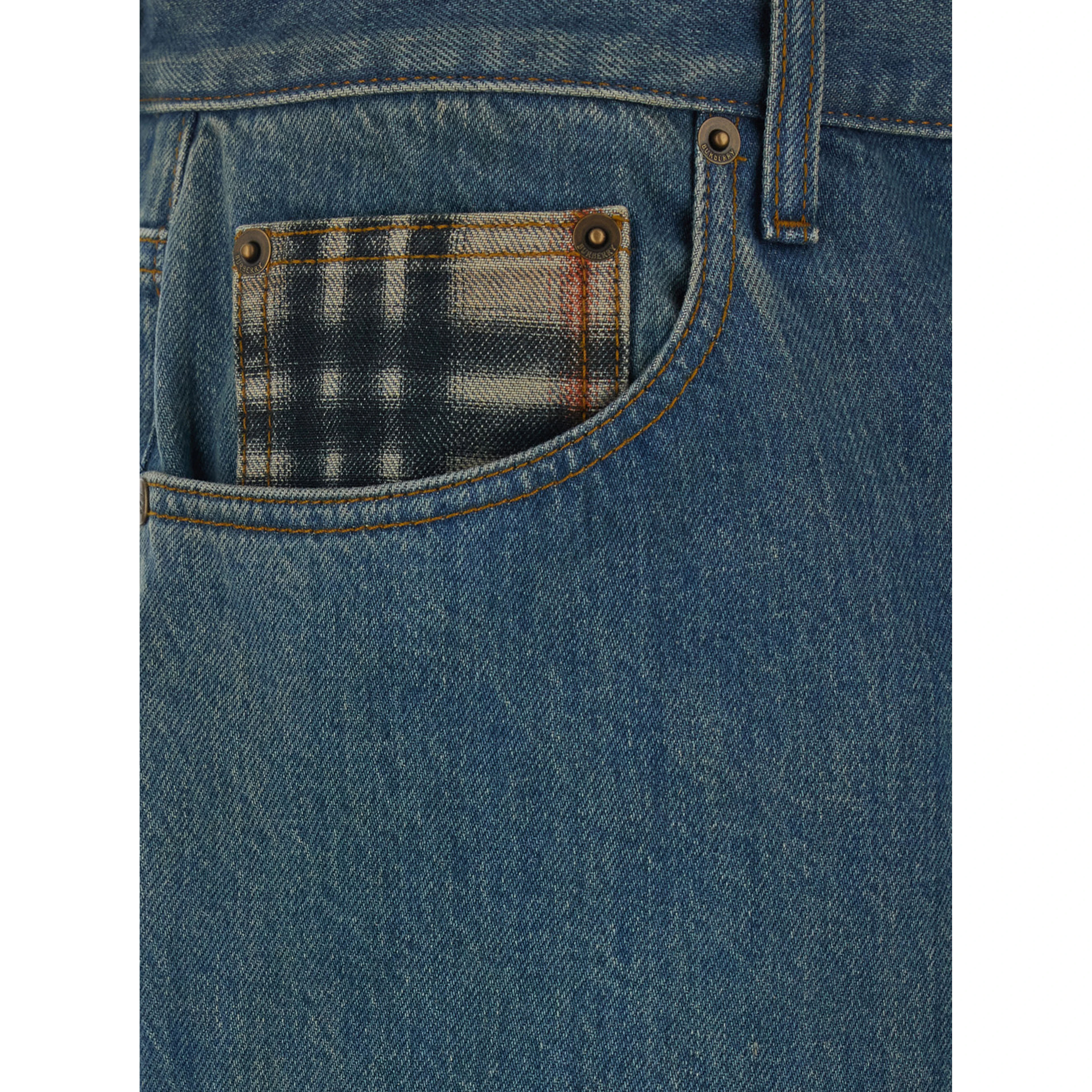 Dexter Blue Jeans with Stonewash Effect and Check Motif Hem in Denim for Men