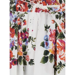 White Long Skirt with Floral Print and Elastic Waist in  Cotton for Women