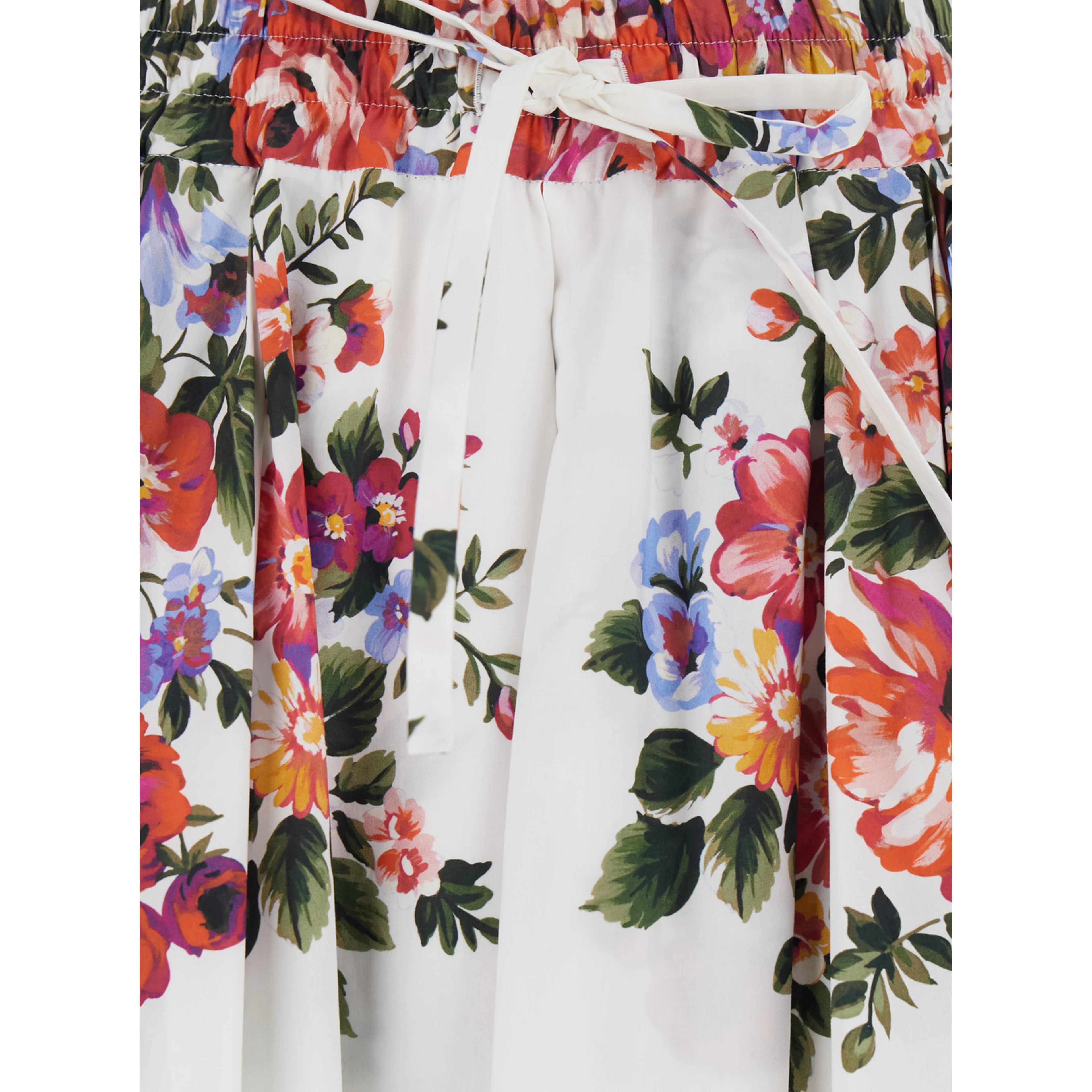 White Long Skirt with Floral Print and Elastic Waist in  Cotton for Women