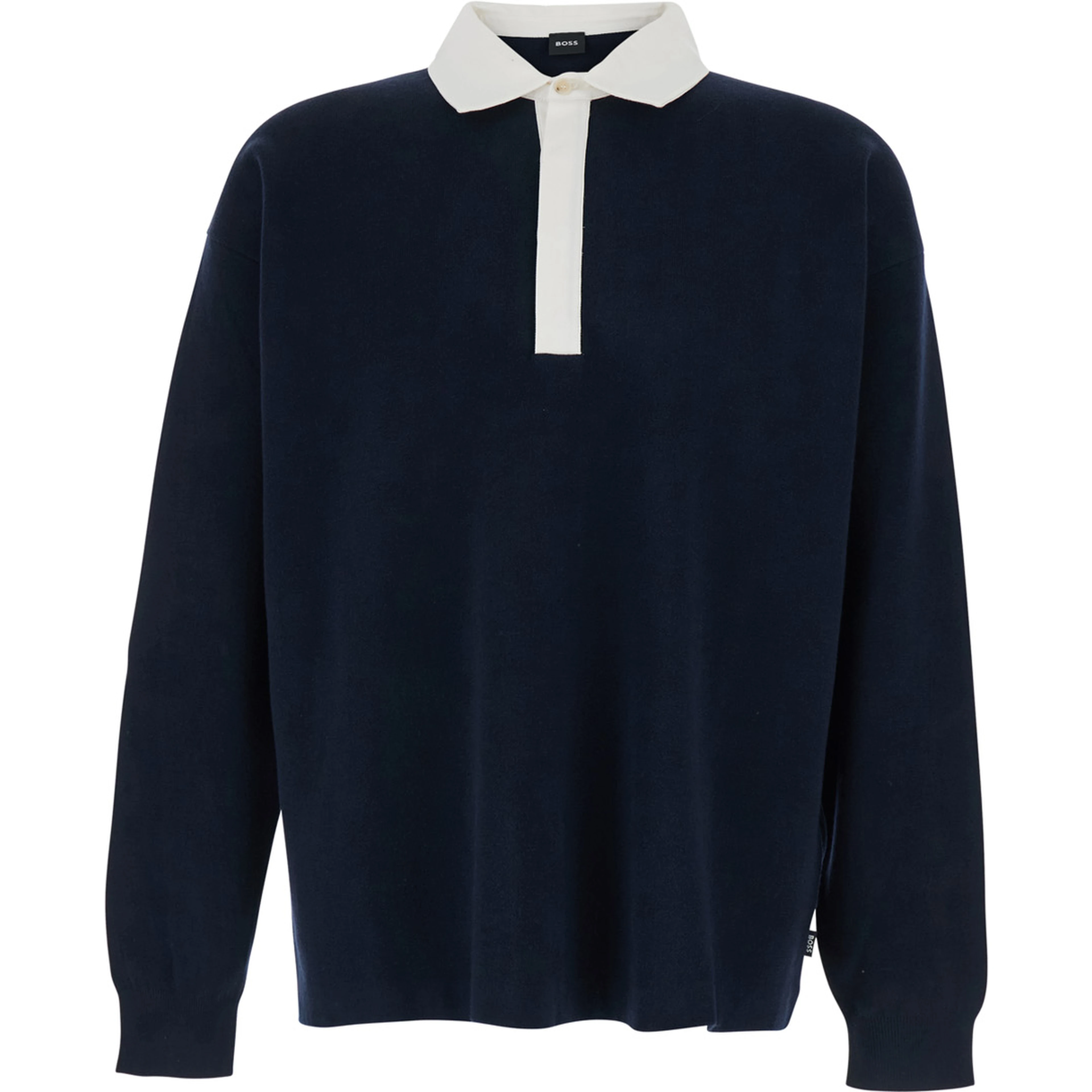 Blue Sweater with Polo-Shirt Style Collar in Cotton and Wool Blend for Men