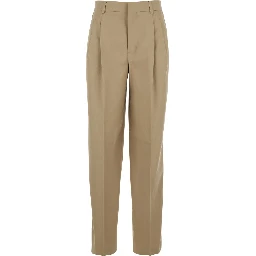 Beige Cotton Pants with Belt Loops and Front Pleats for Women