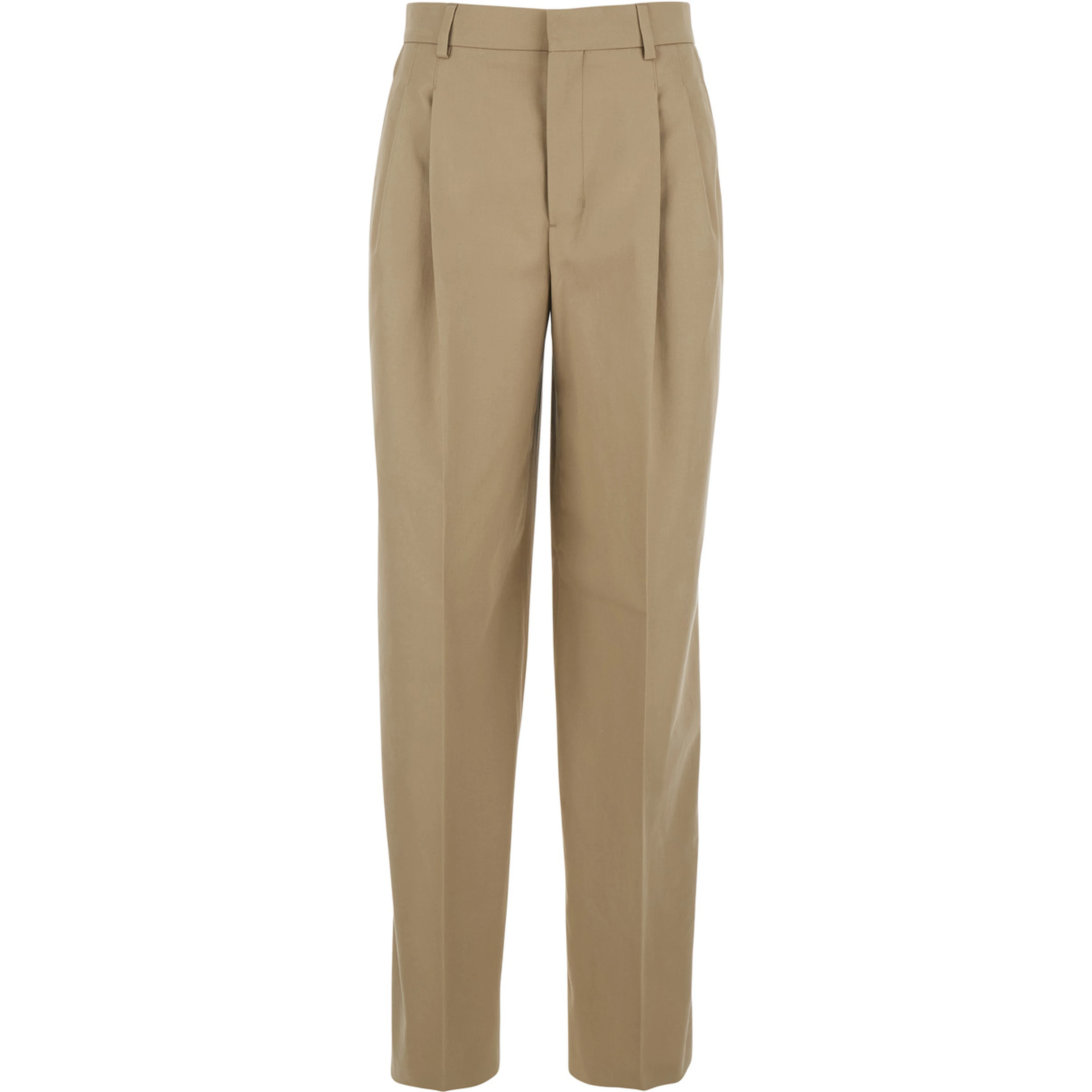 Beige Cotton Pants with Belt Loops and Front Pleats for Women