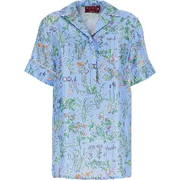 blue Shirt with Cuban collar and all-over floral print in silk woman