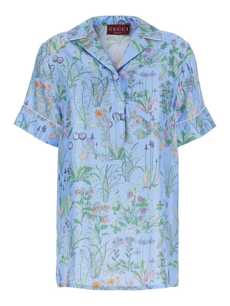 blue Shirt with Cuban collar and all-over floral print in silk woman