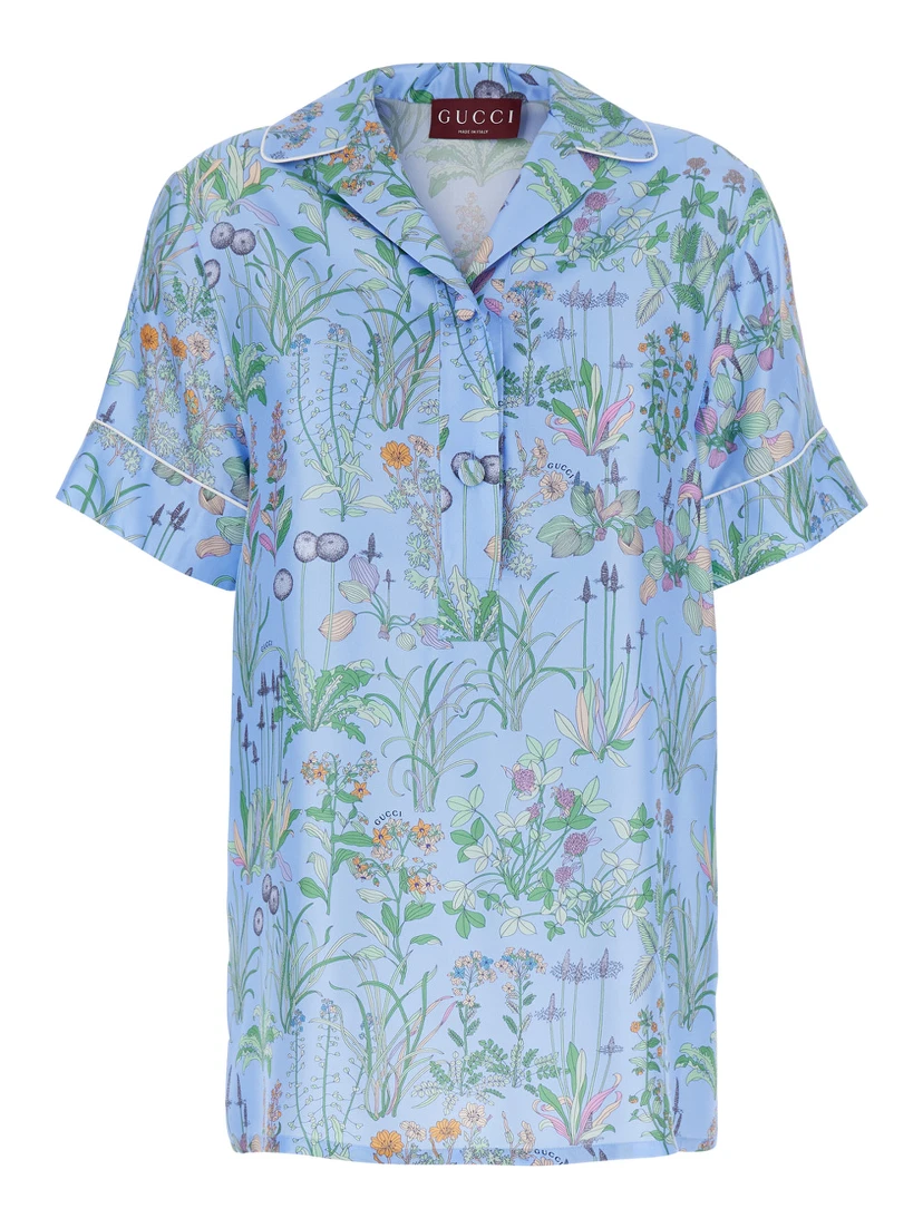 blue Shirt with Cuban collar and all-over floral print in silk woman