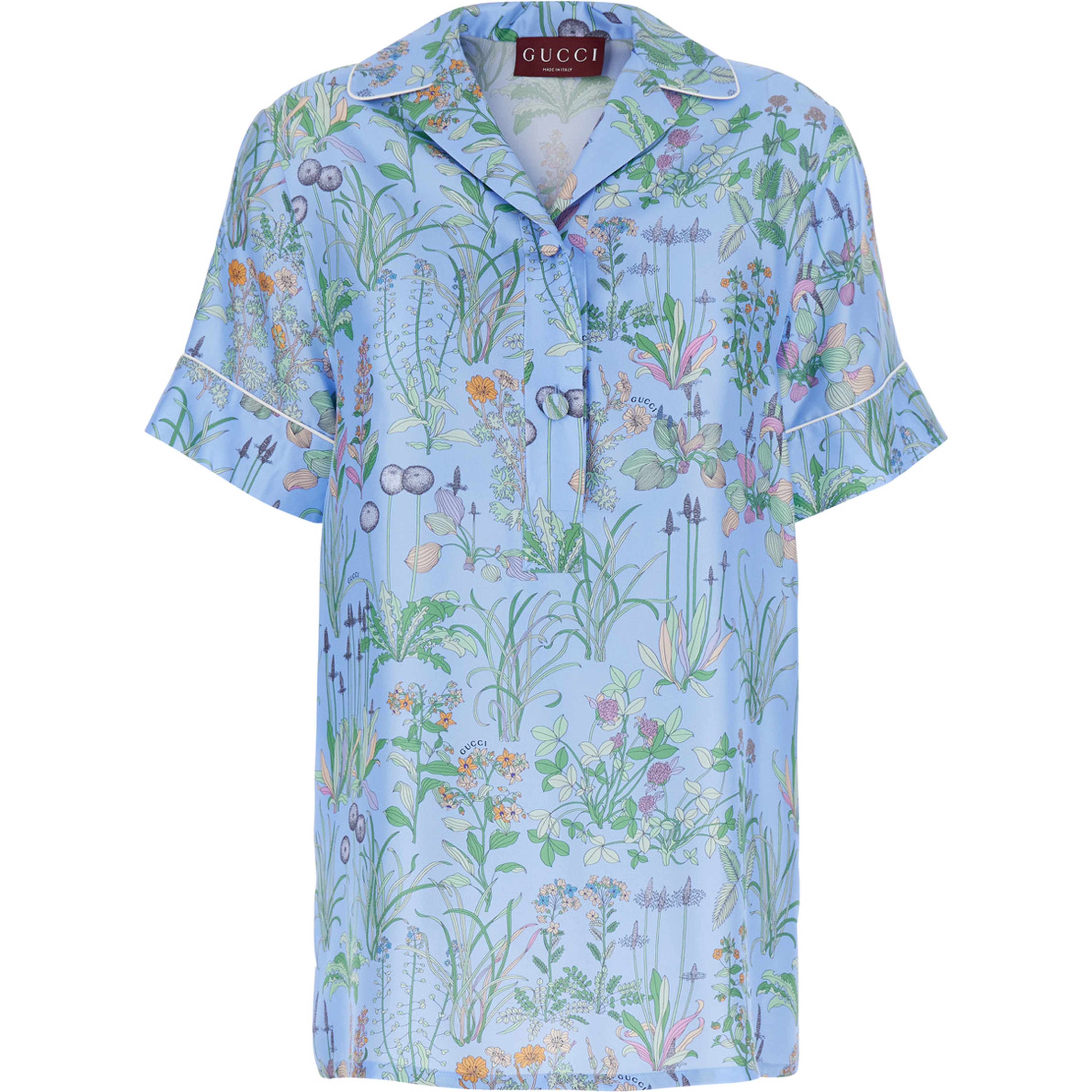 blue Shirt with Cuban collar and all-over floral print in silk woman