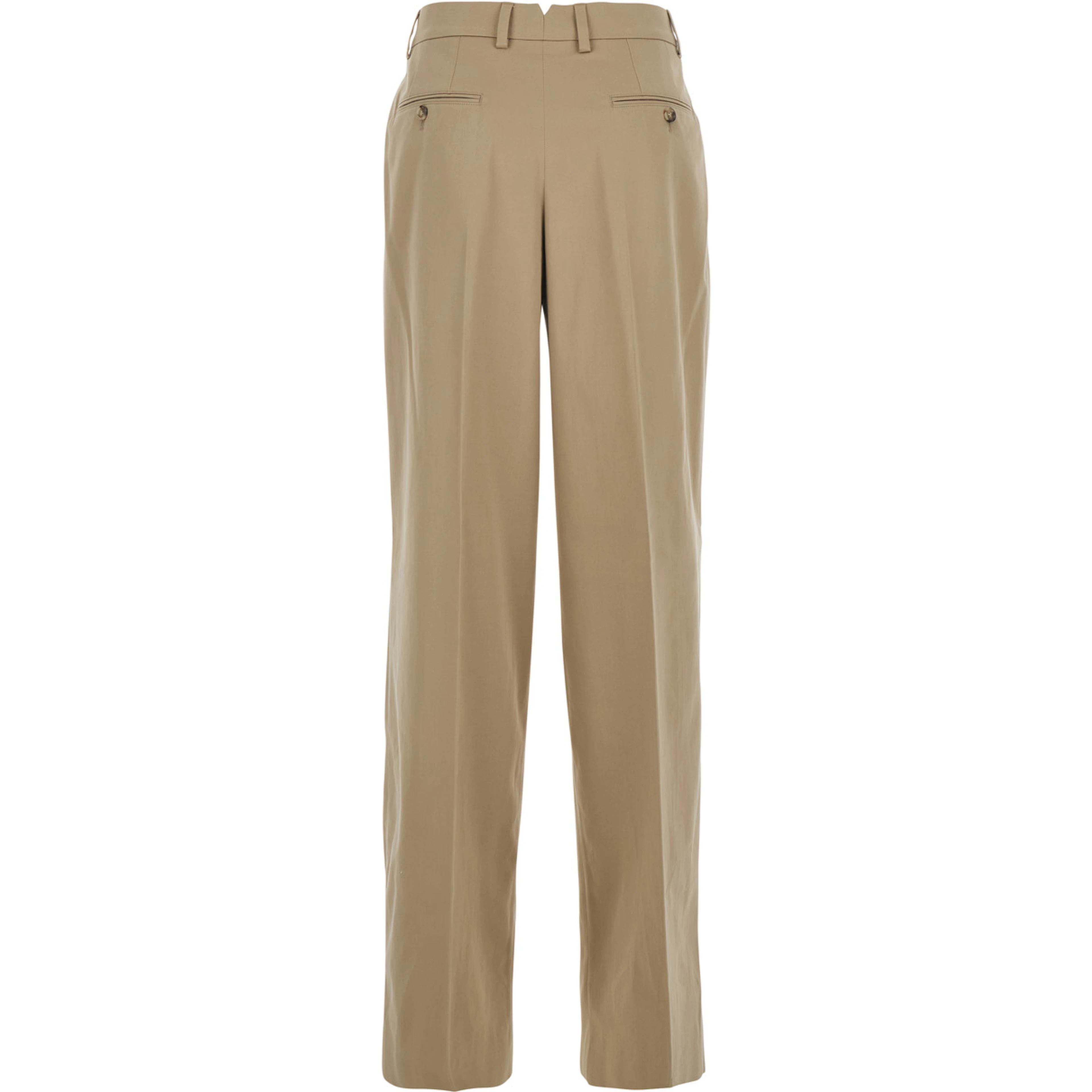 Beige Cotton Pants with Belt Loops and Front Pleats for Women