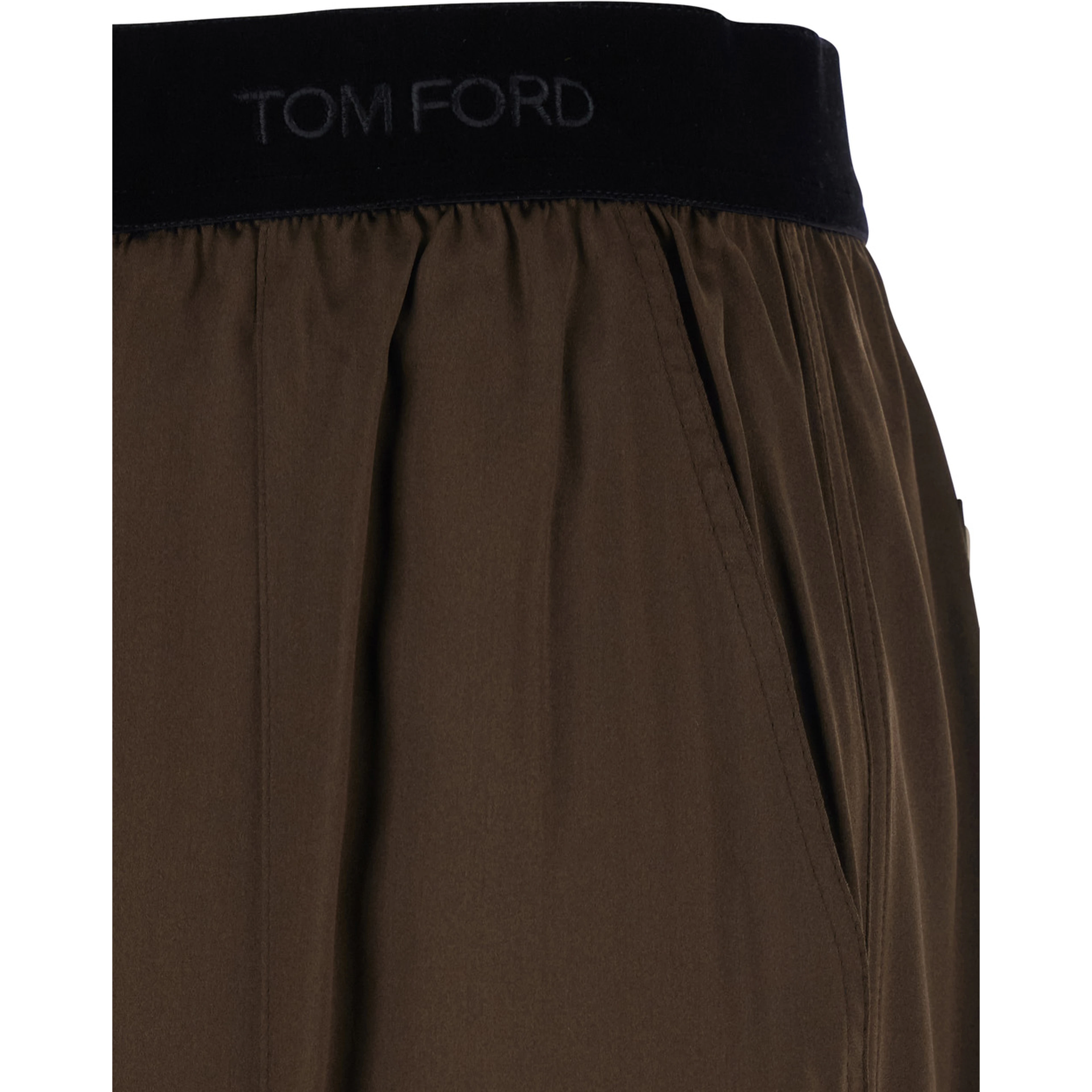 Brown Pants with Elastic Waist and logo lettering in Stretch Silk for Women