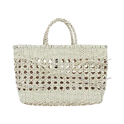 Biscuit Tote White Handbag with Double Round Handles and Woven Design in Leather for Women