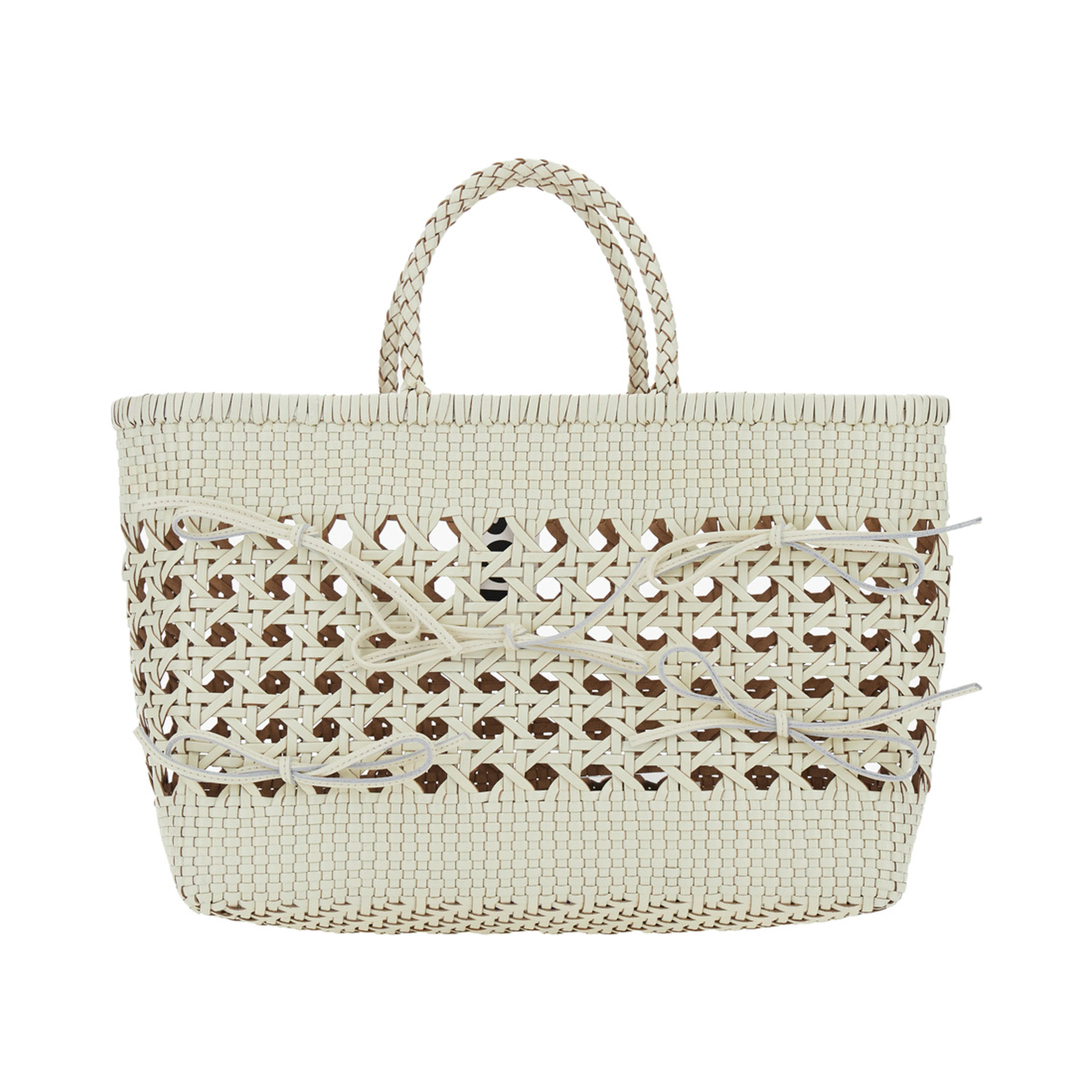 Biscuit Tote White Handbag with Double Round Handles and Woven Design in Leather for Women