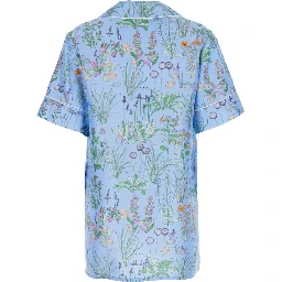 blue Shirt with Cuban collar and all-over floral print in silk woman