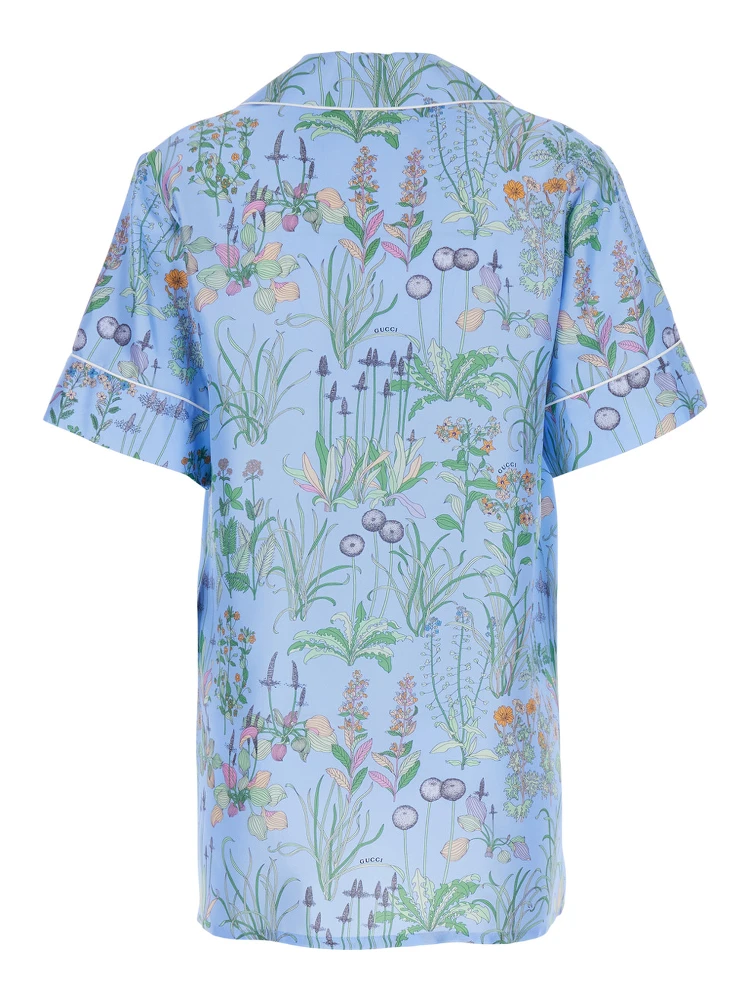 blue Shirt with Cuban collar and all-over floral print in silk woman alternative