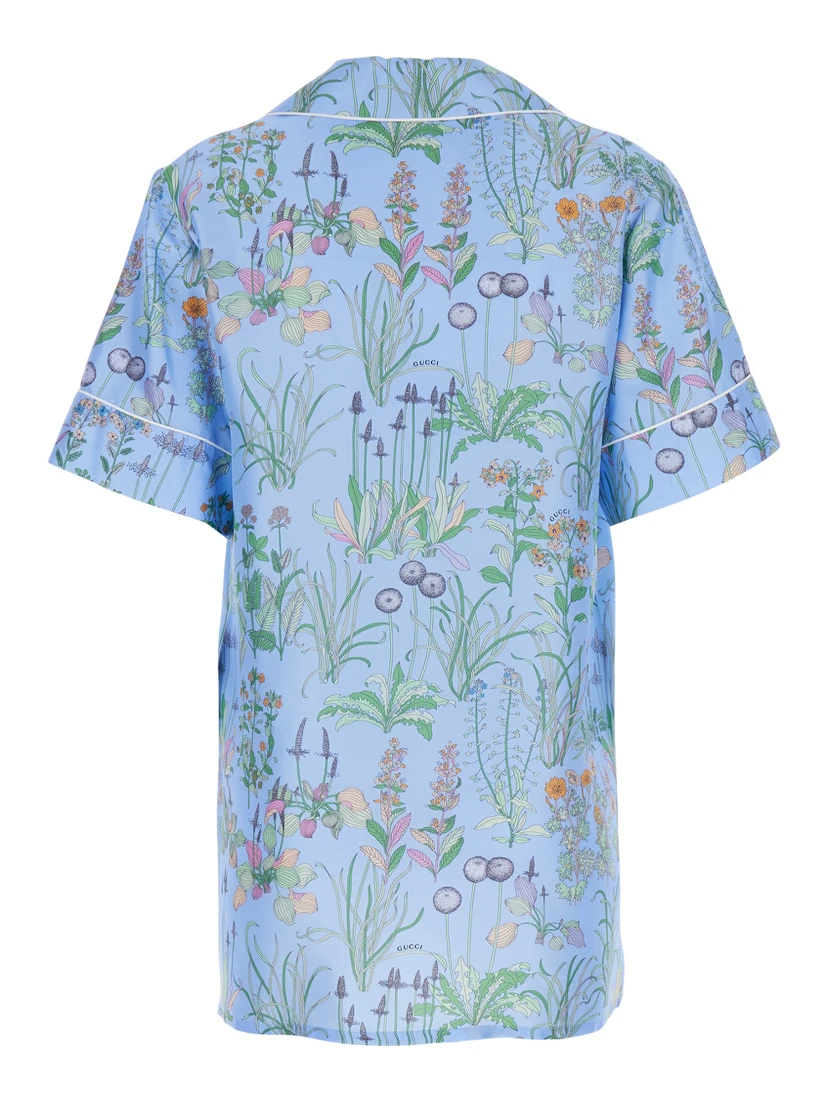 blue Shirt with Cuban collar and all-over floral print in silk woman