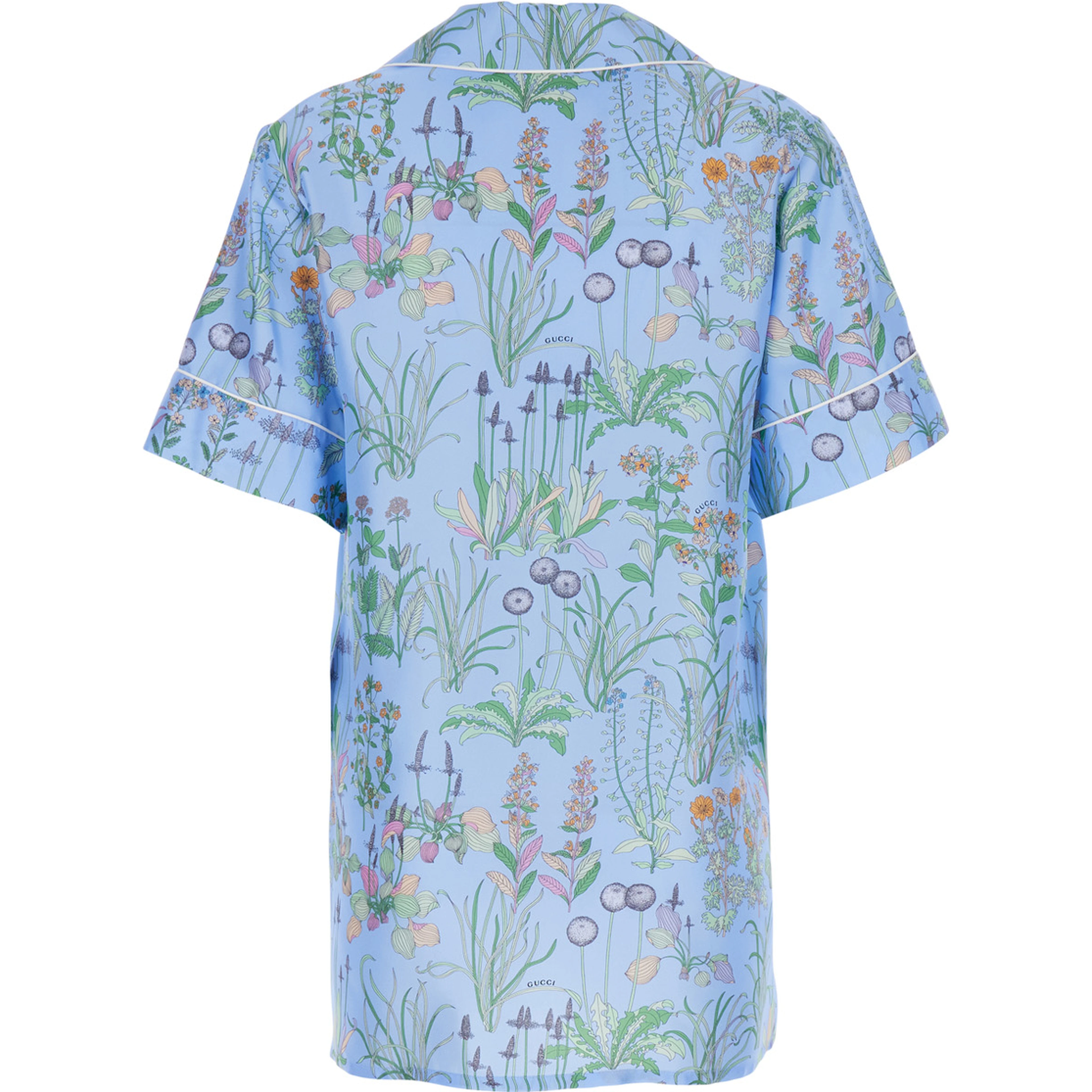 blue Shirt with Cuban collar and all-over floral print in silk woman