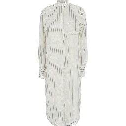 White Dress with a round neckline and a patch pocket on the front and all-over striped motif in viscose blend for women