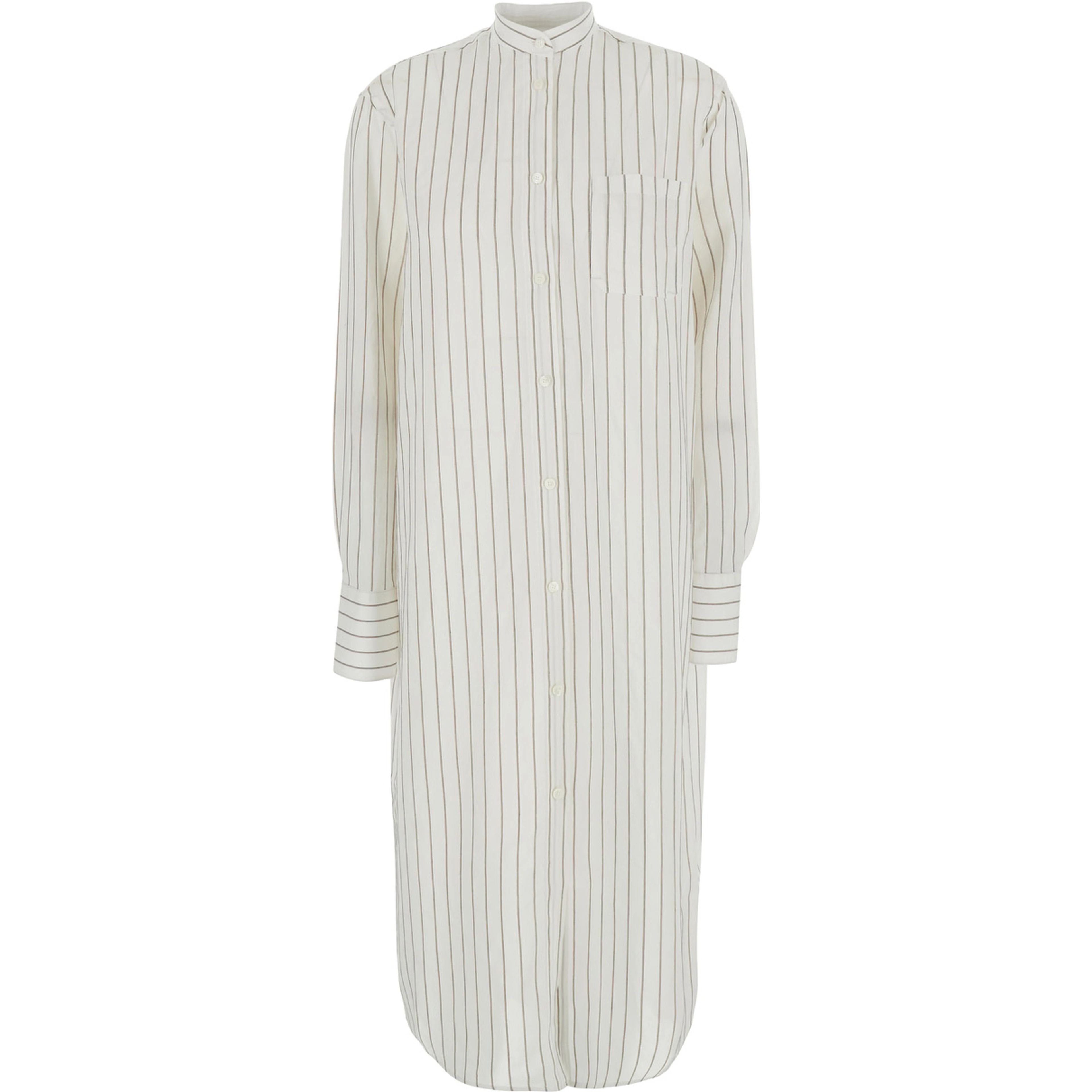 White Dress with a round neckline and a patch pocket on the front and all-over striped motif in viscose blend for women