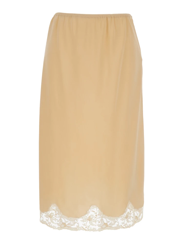 Beige Silk Skirt with Elastic Waist and Lace Hem for Women