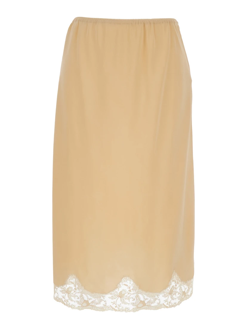 Beige Silk Skirt with Elastic Waist and Lace Hem for Women