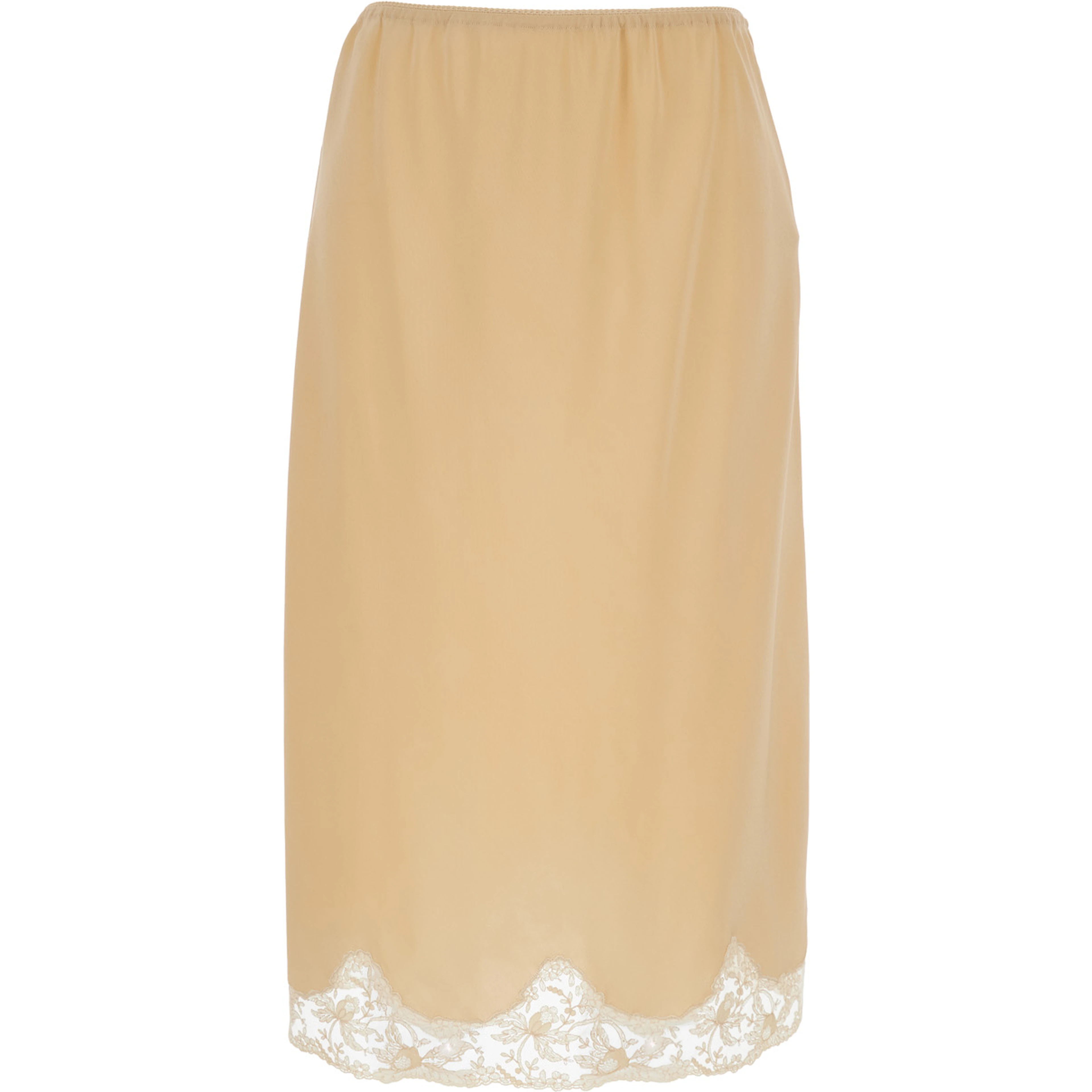 Beige Silk Skirt with Elastic Waist and Lace Hem for Women