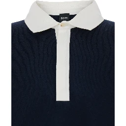 Blue Sweater with Polo-Shirt Style Collar in Cotton and Wool Blend for Men