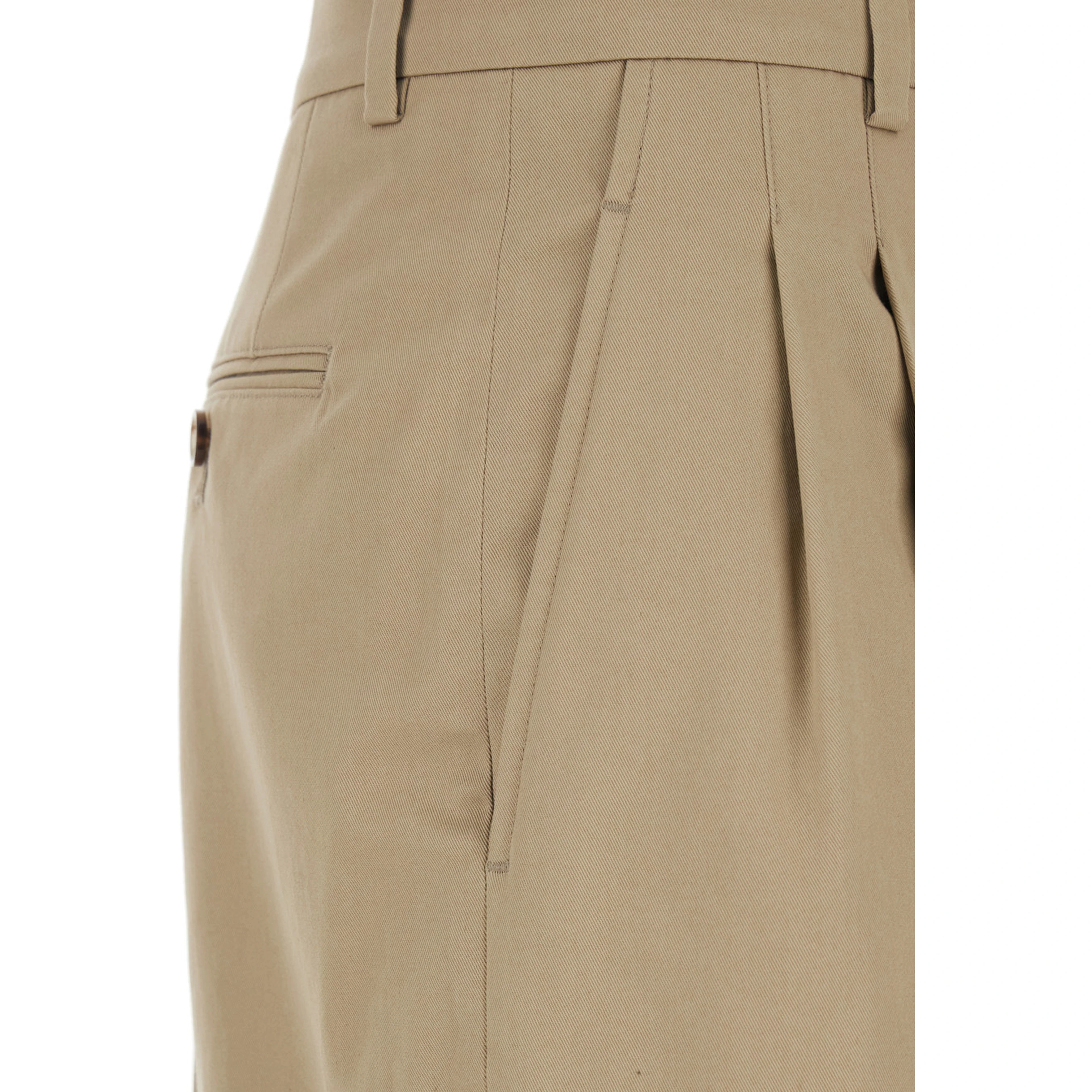 Beige Cotton Pants with Belt Loops and Front Pleats for Women