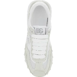 DG Athletic White Low Top Sneakers with Maxi Logo on the Side and Logo Patch on the Tongue in Suede and Mesh for Men